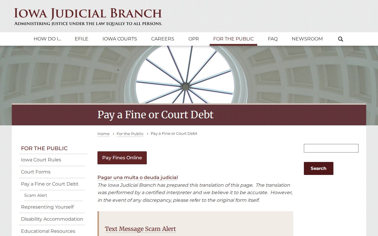 Iowa Judicial Branch payment warnings and official payment guidance