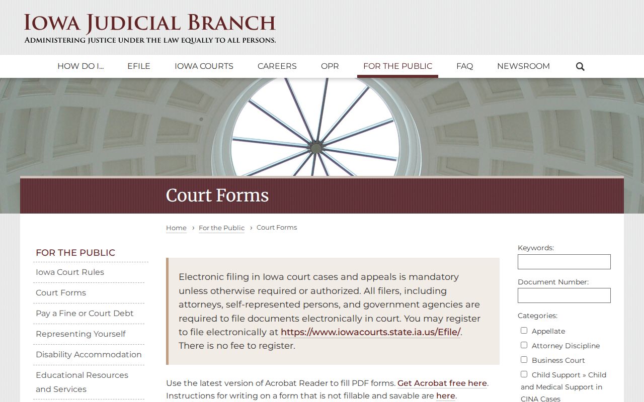 Iowa Judicial Branch court forms index used for Cherokee County cases