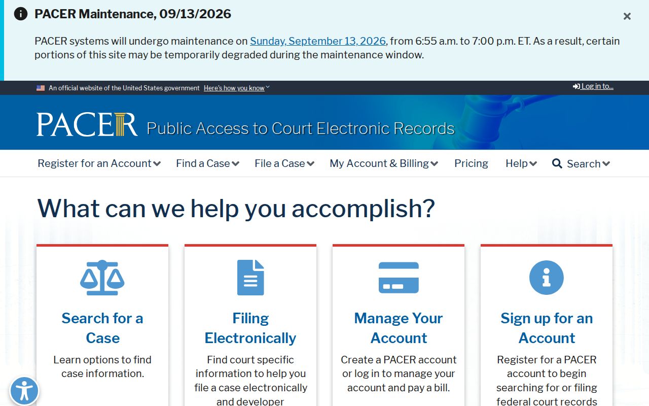 PACER official federal court records access landing page