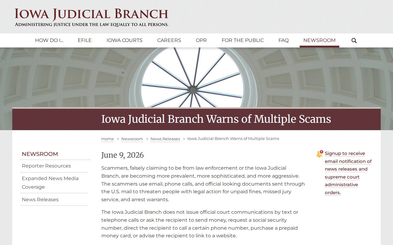 Iowa Judicial Branch warning about false court and arrest warrant payment demands