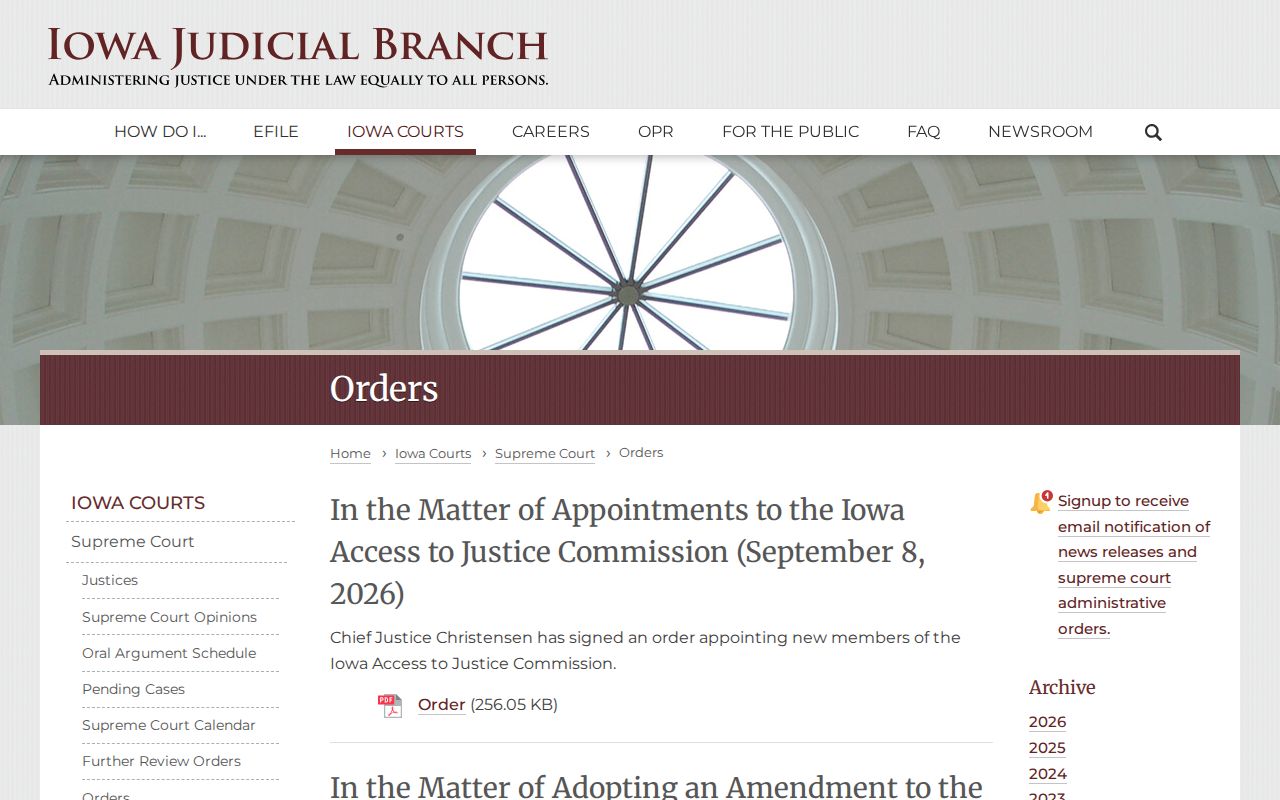 Iowa Supreme Court orders page showing dated warrant workflow changes