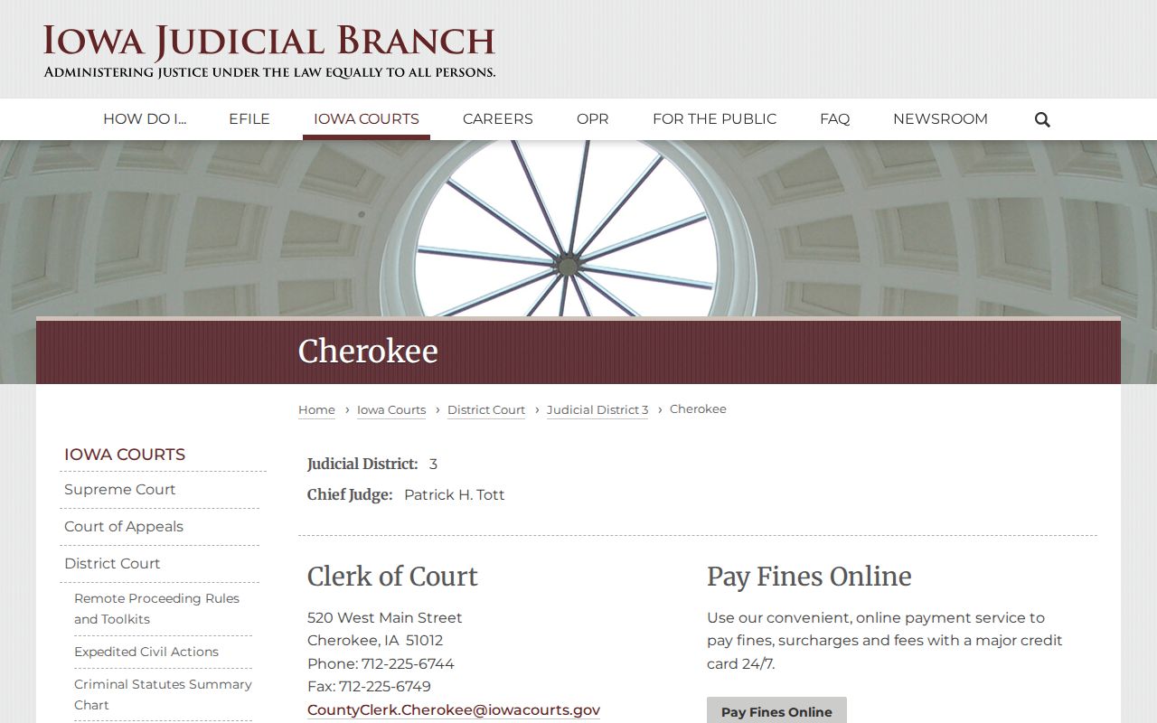 Cherokee County warrant records District Court contact page